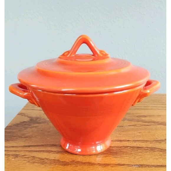 Vintage Homer Laughlin Harlequin Sugar Bowl W/Lid & Creamer Set Red Art Deco - Picture 6 of 16